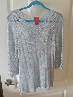 V Christina Metallic Silver See Threw Sweater Boho Casual Textures Size L